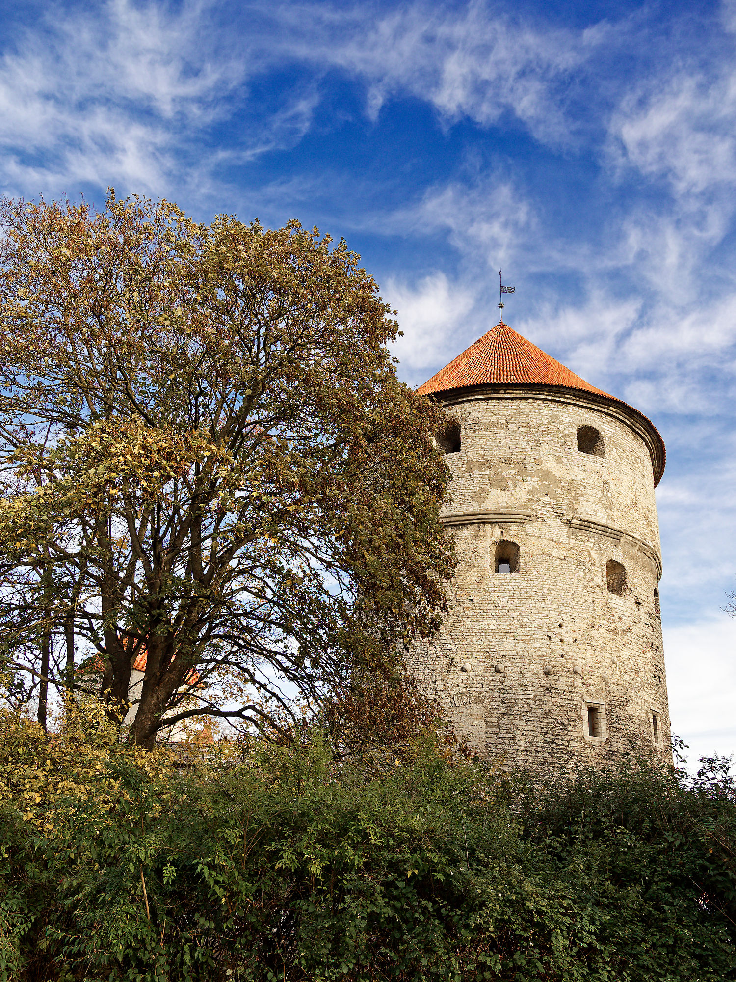 Tallinn Turm im Herbst. Mittelalterliche Architektur, rotes Dach, blauer Himmel mit Wolken. Sehenswürdigkeit in Estland.