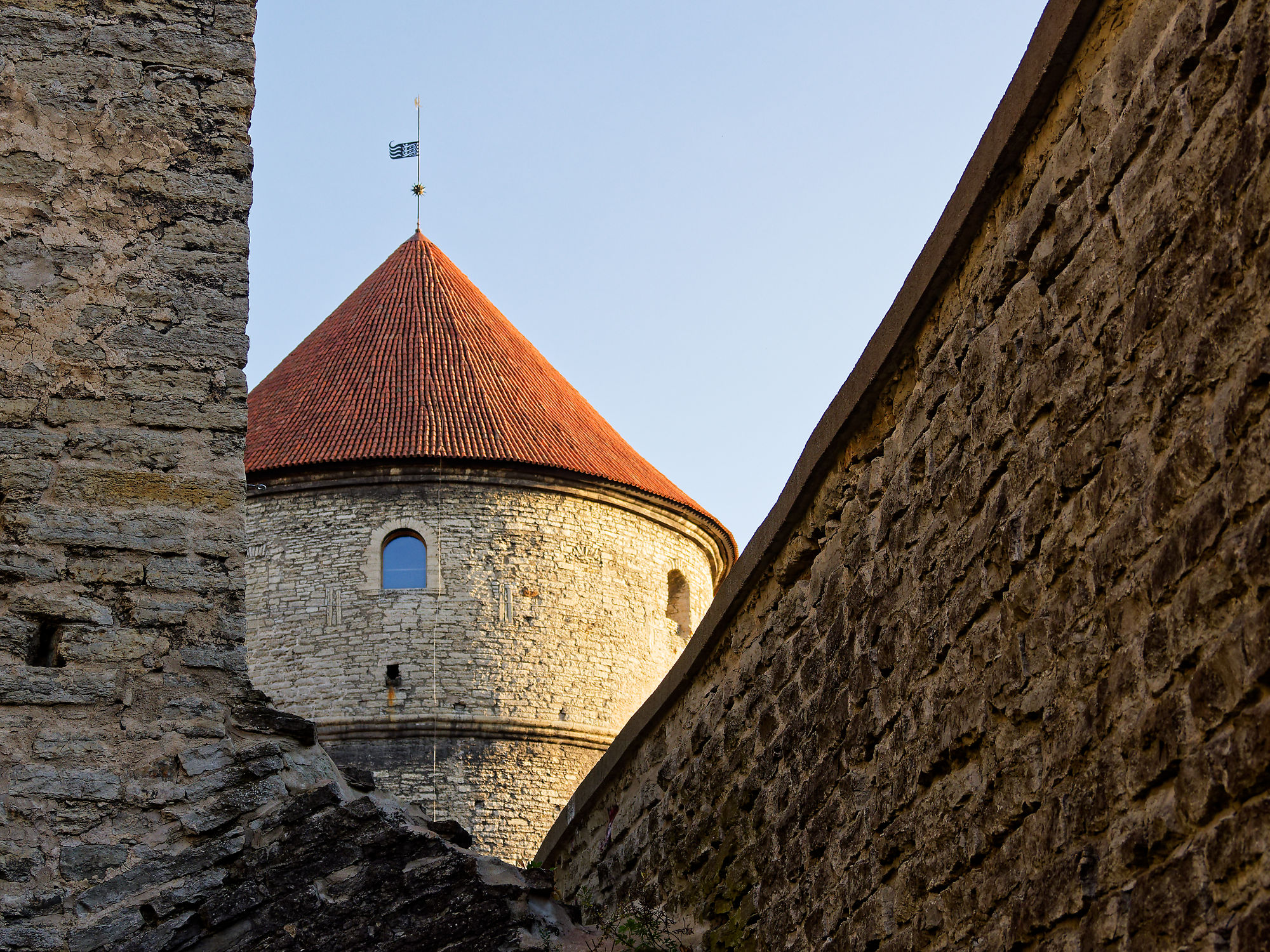 Tallinn Altstadt: Turm mit rotem Dach zwischen alten Steinmauern. Estland Sehenswürdigkeit.