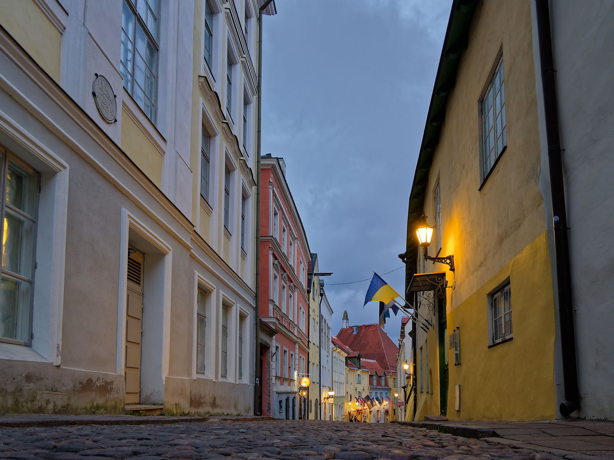 Gasse in Tallinn, Estland, mit Kopfsteinpflaster und historischen Gebäuden. Ukrainische Flagge sichtbar. Architektur und Reiseziel.