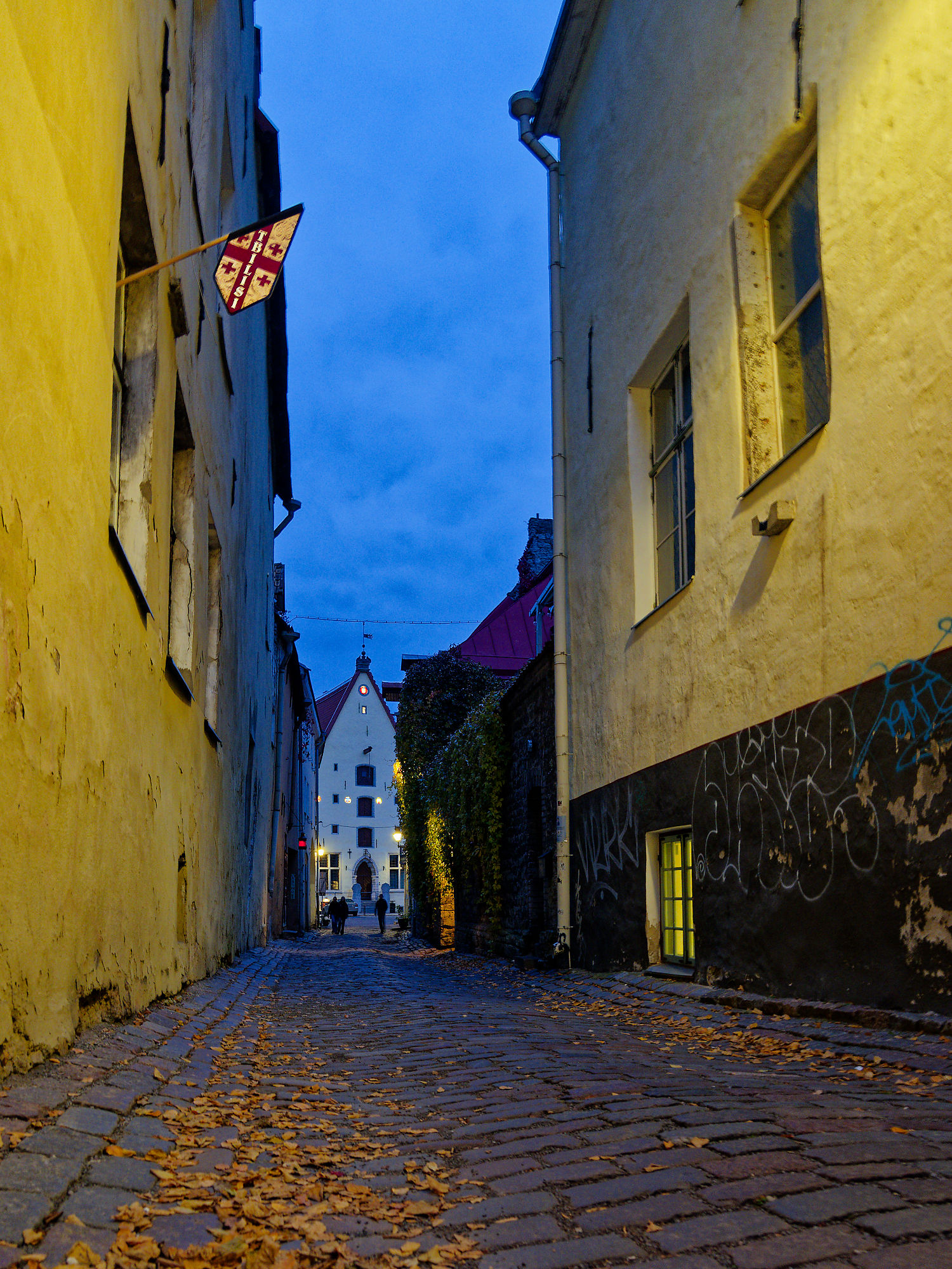 Gasse in Tallinn, Estland, mit Kopfsteinpflaster, alten Gebäuden und einer Flagge. Stimmungsvolle Abendansicht.