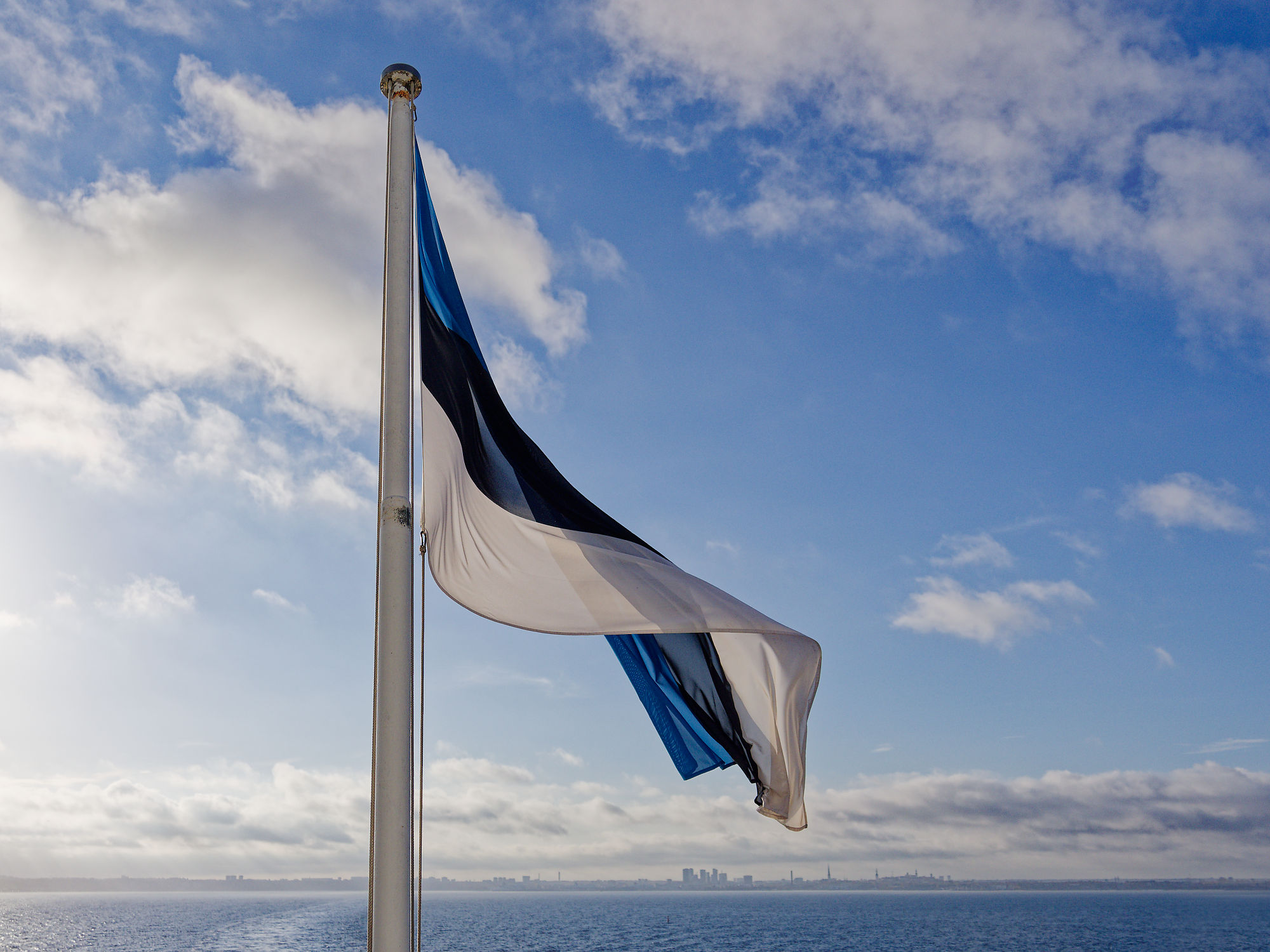 Estnische Flagge weht vor blauem Himmel. Tallinn Skyline im Hintergrund. Estland Reise.