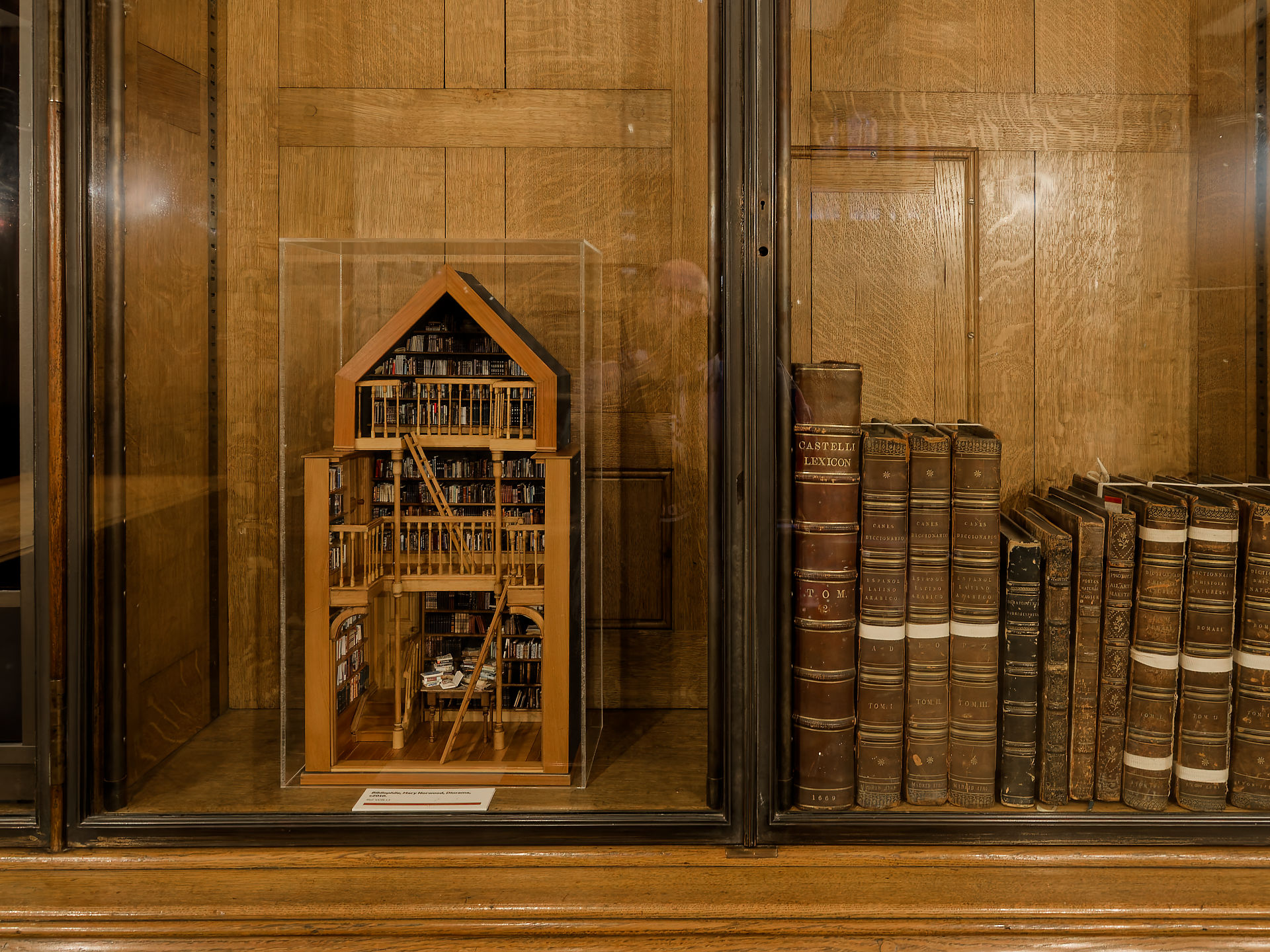 Manchester Bücherregal Miniaturhaus und antike Bücher in Vitrine. Bibliotheksmodell, Holzbibliothek, Manchester.