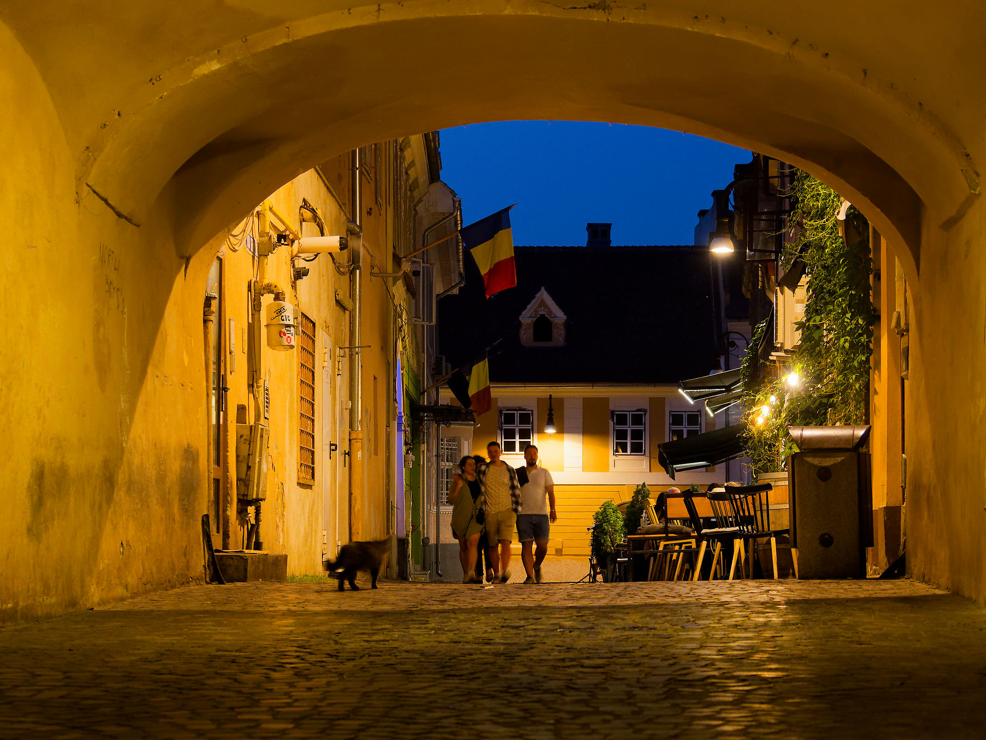 Brasov, Rumänien: Nachtansicht einer Gasse mit Kopfsteinpflaster, Menschen und rumänischer Flagge. Stimmungsvolle Reisefotografie.