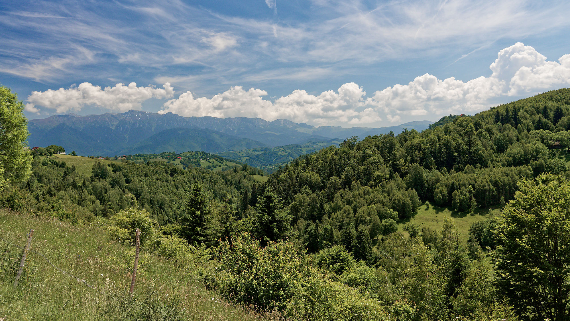 Piatra Craiului, Rumänien: Landschaft mit Bergen, Wald und blauem Himmel mit Wolken. Natur pur!