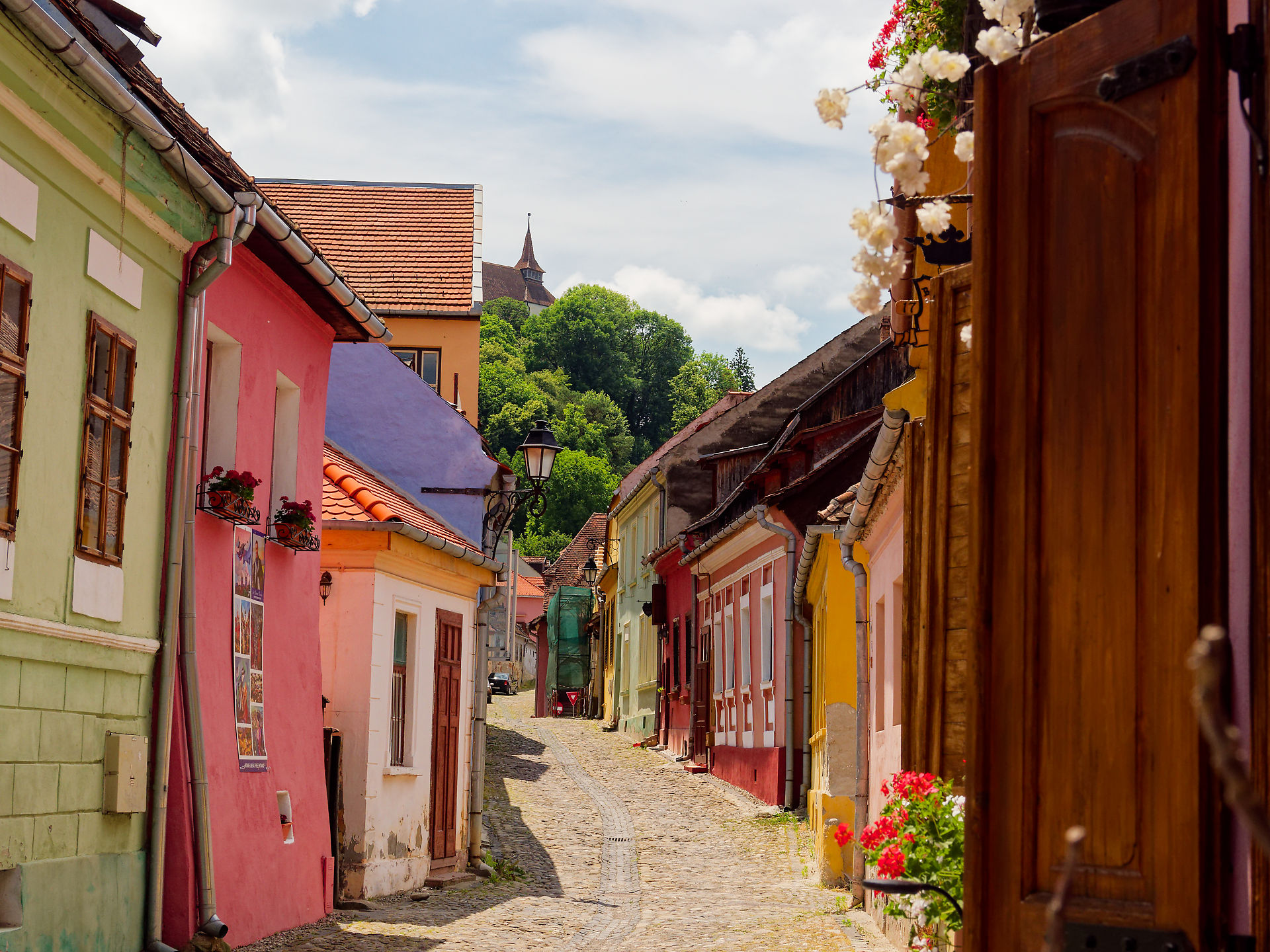 Sighisoara, Rumänien: Bunte Häuserfassaden in einer Gasse der mittelalterlichen Stadt mit Kirche im Hintergrund.