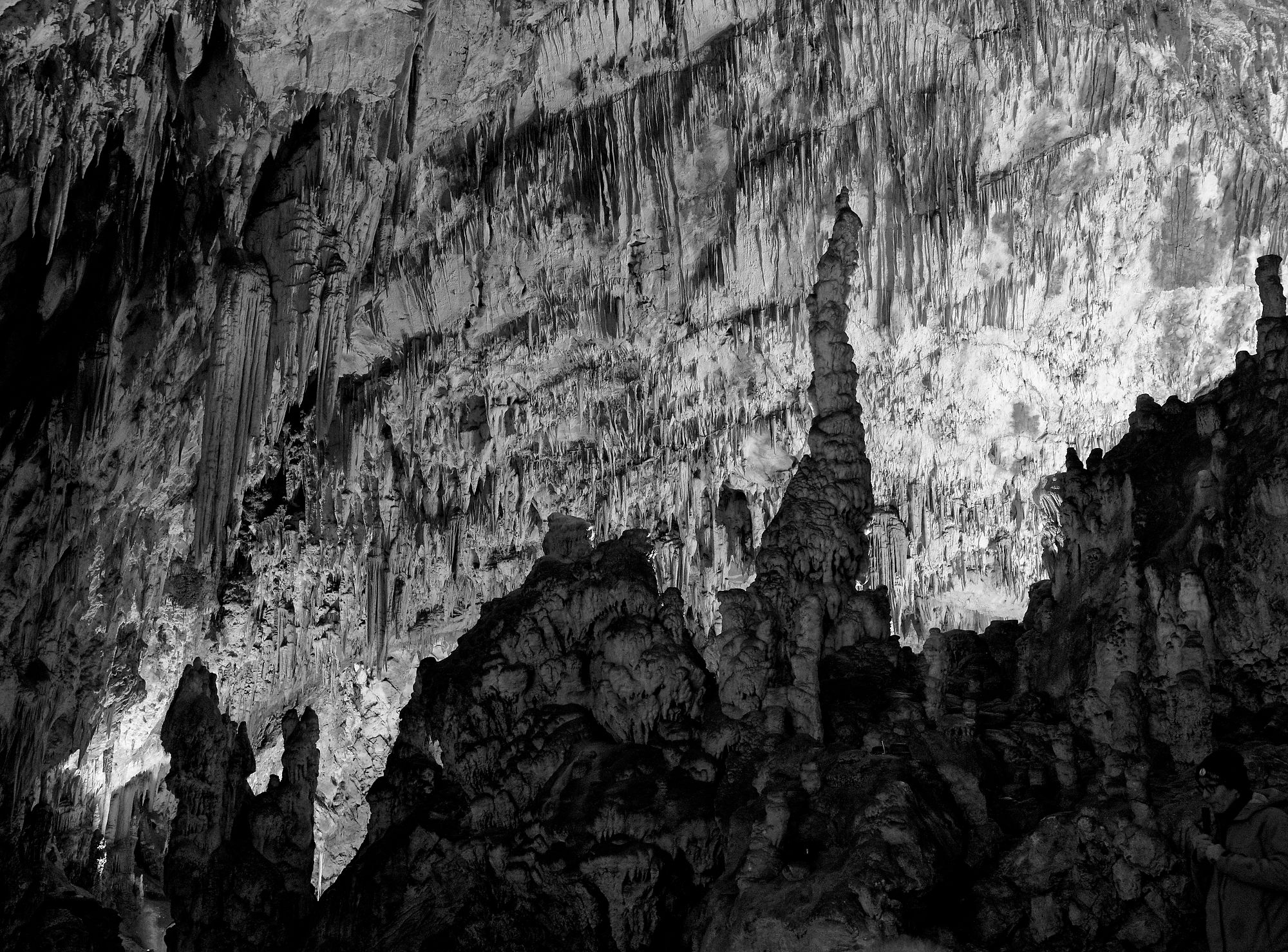 Schwarz-Weiß-Foto der Höhlen von Postojna, Slowenien. Stalagmiten und Stalaktiten.