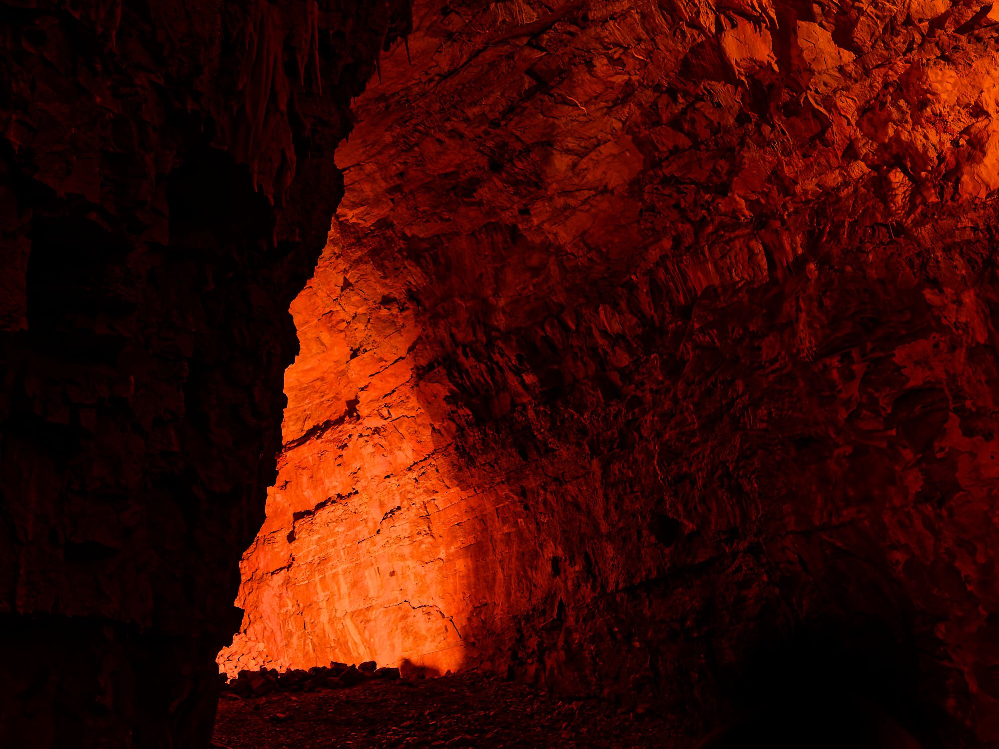 Rote Felsen in der Höhle von Postojna, Slowenien. Dunkle und dramatische Höhlenlandschaft.