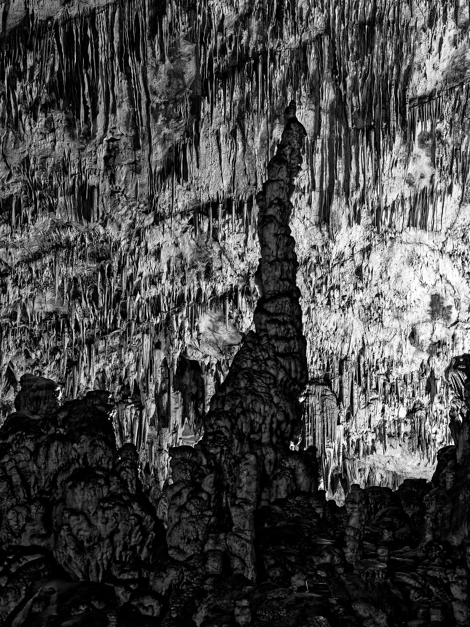 Schwarz-Weiß-Foto der Höhlen von Postojna, Slowenien. Stalagmiten und Stalaktiten.