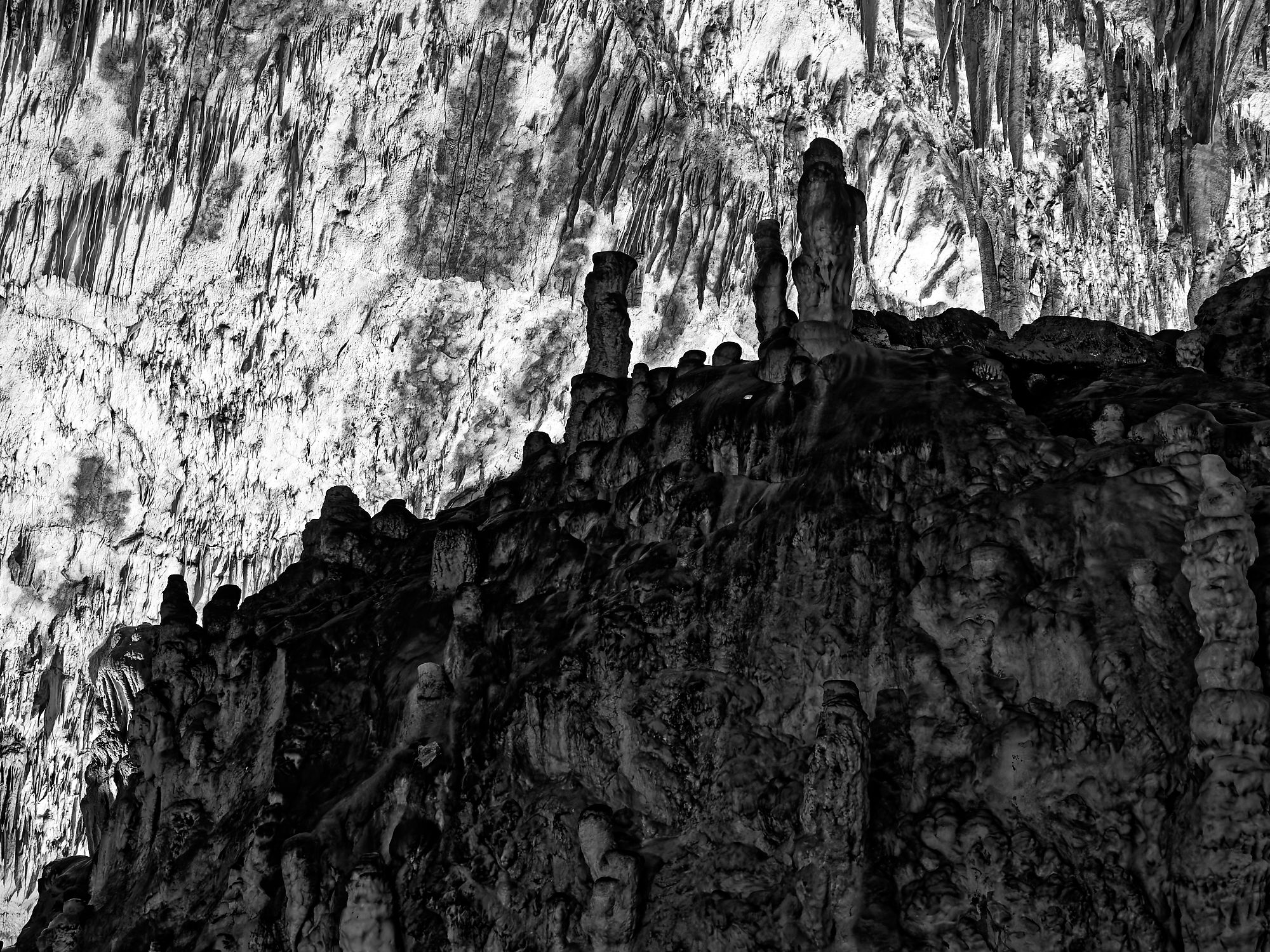 Schwarz-Weiß-Foto der Höhlen von Postojna, Slowenien. Stalagmiten und Stalaktiten.