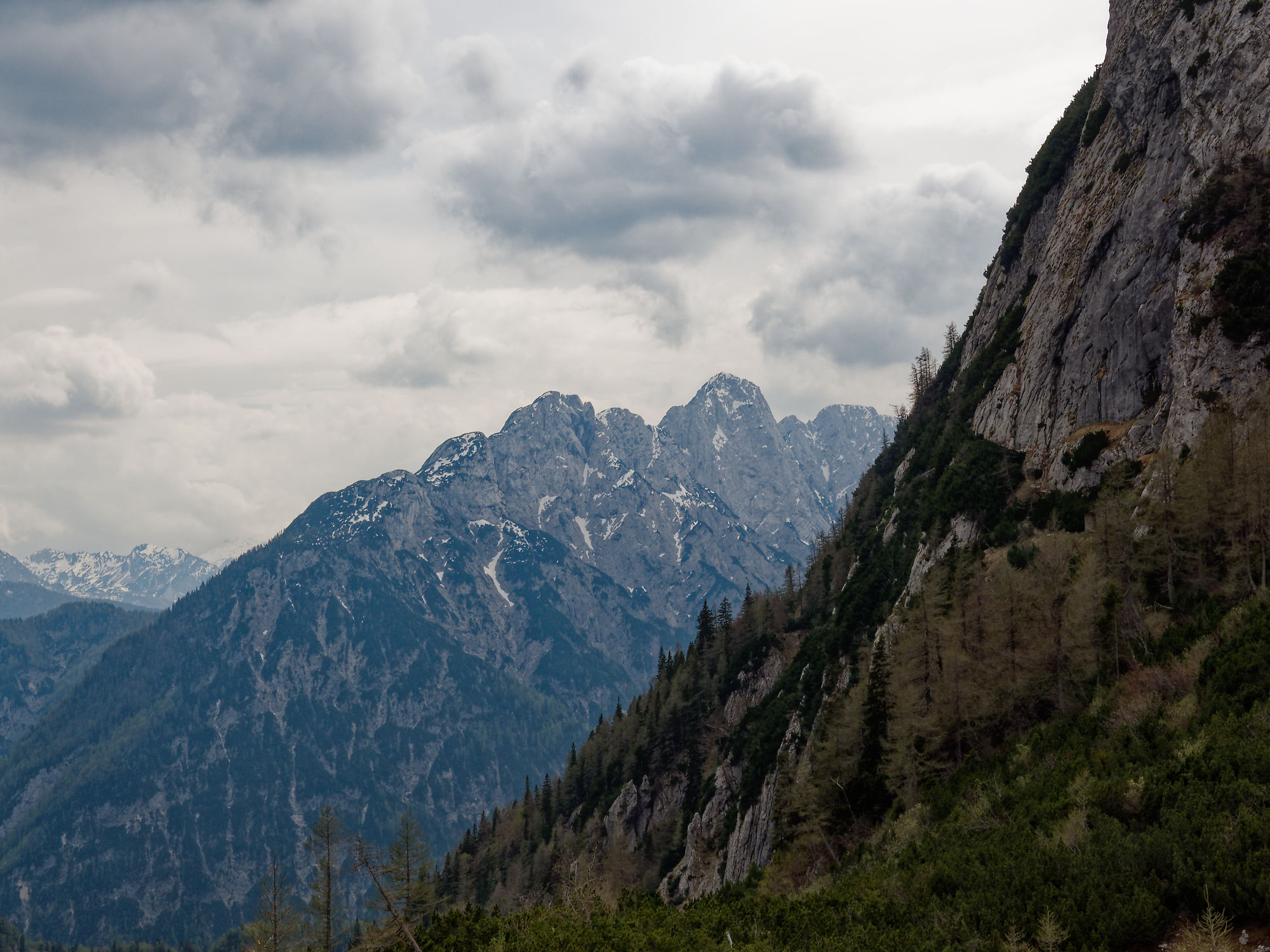 Vršičpass in Slowenien. Berglandschaft mit bewaldeten Hängen und schneebedeckten Gipfeln unter Wolken.