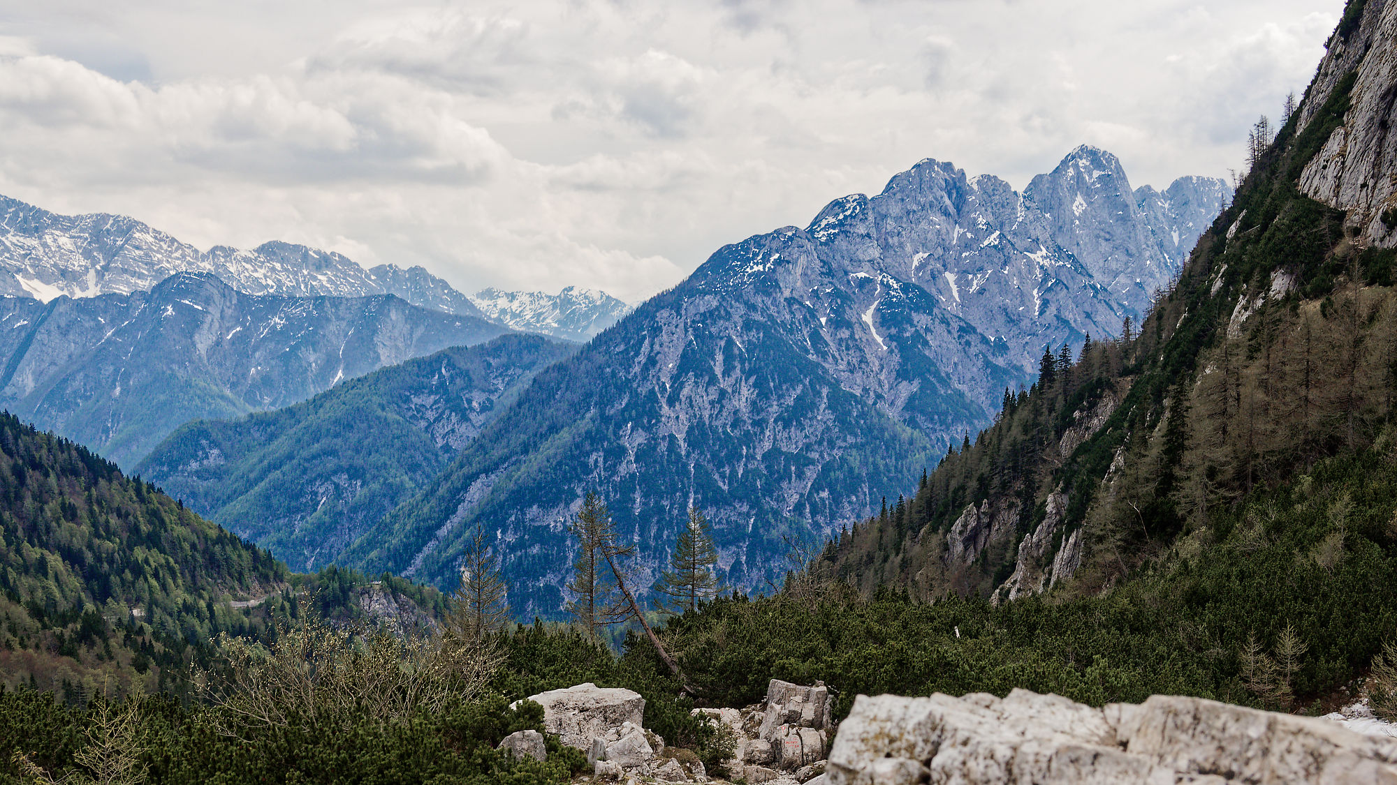 Soca Tal, Slowenien. Berglandschaft mit Wald und schneebedeckten Gipfeln. Natur pur in den Alpen.