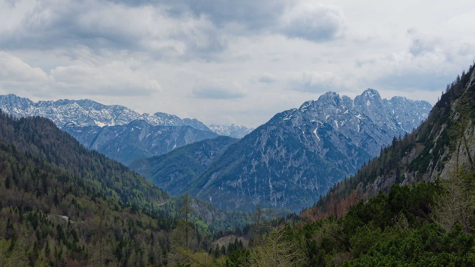 Vršičpass in Slowenien. Berglandschaft mit bewaldeten Hängen und schneebedeckten Gipfeln unter Wolken.