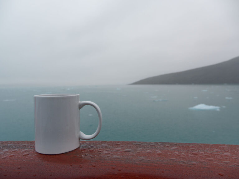 Tasse Kaffee am Liefdefjorden, Spitzbergen. Eisberge im Wasser, bewölkter Himmel.