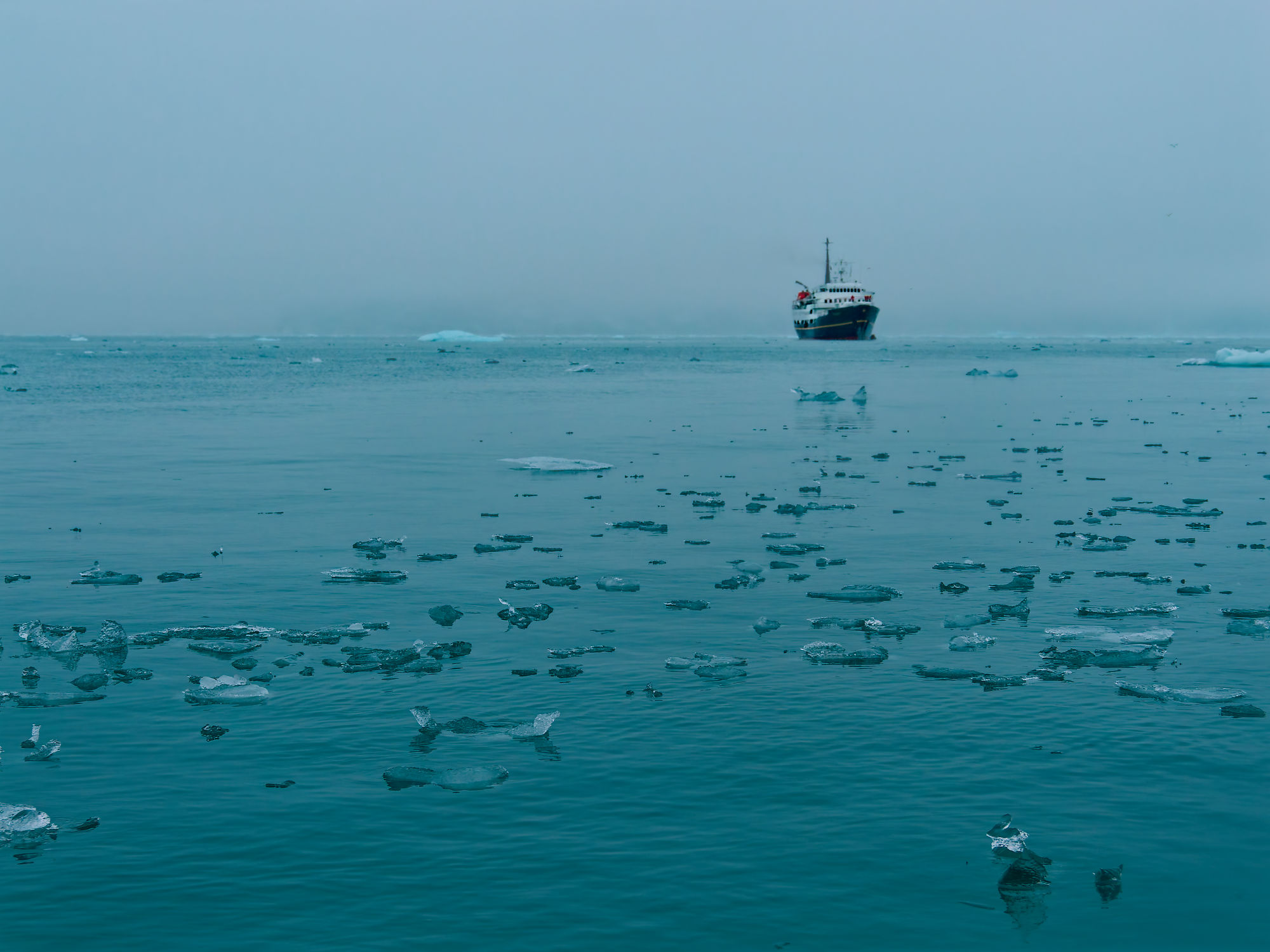 Kreuzfahrtschiff im Liefdefjorden, Spitzbergen. Eisberge im Wasser, grauer Himmel. Arktis-Reise.