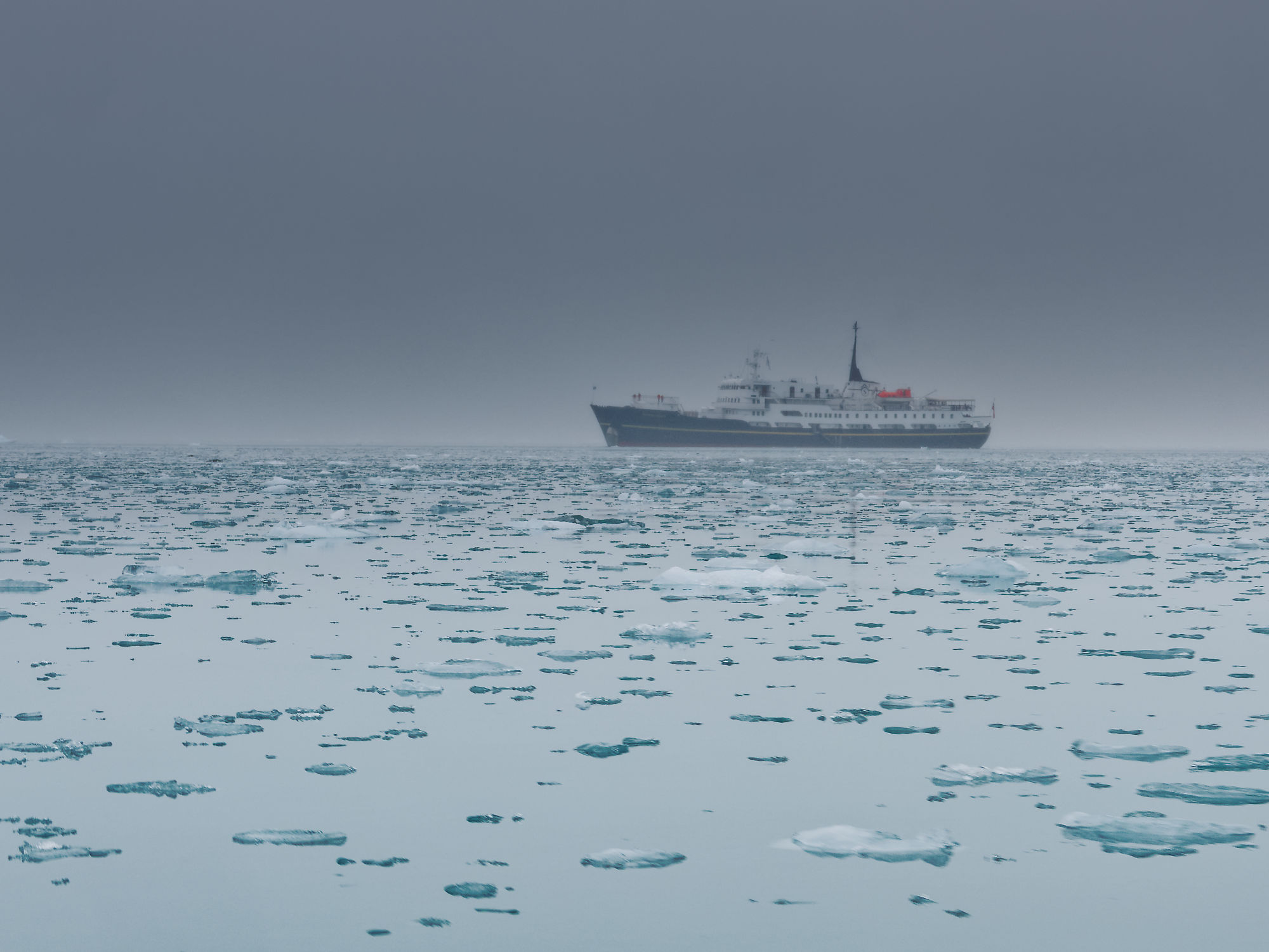 Kreuzfahrtschiff im Liefdefjorden, Spitzbergen. Eisberge im Wasser, grauer Himmel. Arktis-Reise.